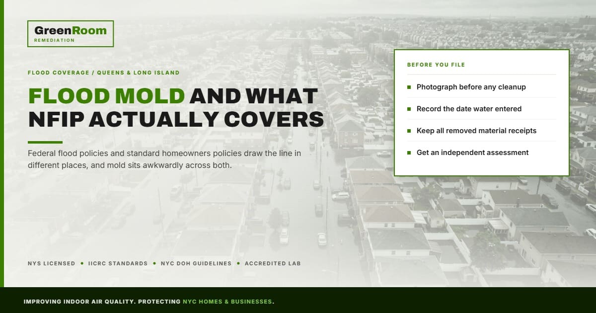 Aerial view of flooding across Queens and Long Island with NFIP mold coverage guidance — GreenRoom Remediation NYC