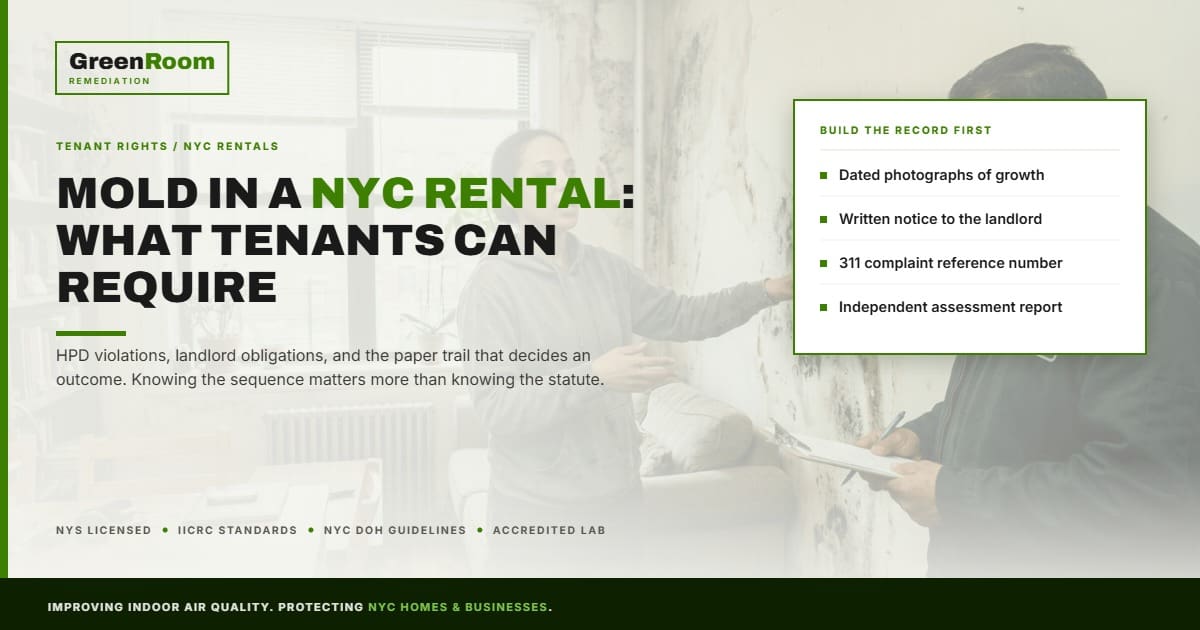 Tenant and building manager reviewing mold in an NYC rental apartment — GreenRoom Remediation NYC
