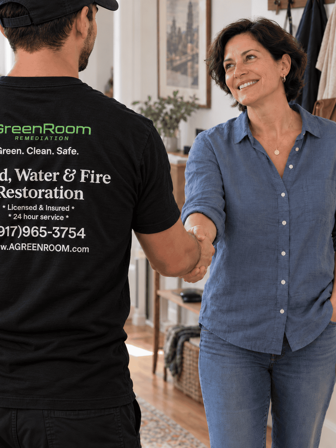 Generated illustration of a GreenRoom team member in the black branded uniform greeting a homeowner