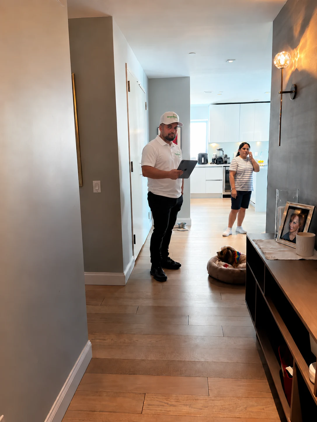 GreenRoom technician in a white branded polo holding a tablet during an apartment walkthrough